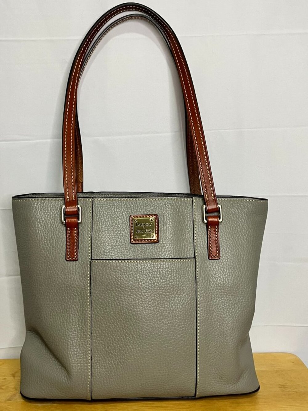 Dooney & Bourke Lexington Pebble Gray with Brown Straps Shoulder Bag Leather